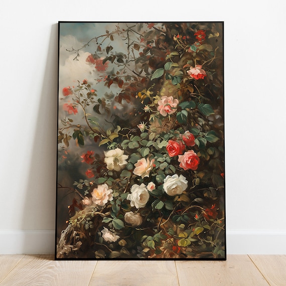 Vintage Roses Painting Moody Floral Art Print Botanical Art French Vintage Art Farmhouse Kitchen Art