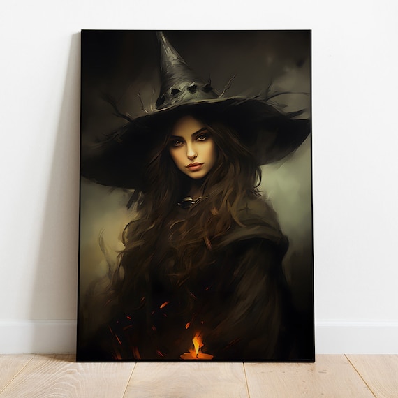 Beautiful Witch In Pointed Black Hat Candlelight Dark Portrait Poster