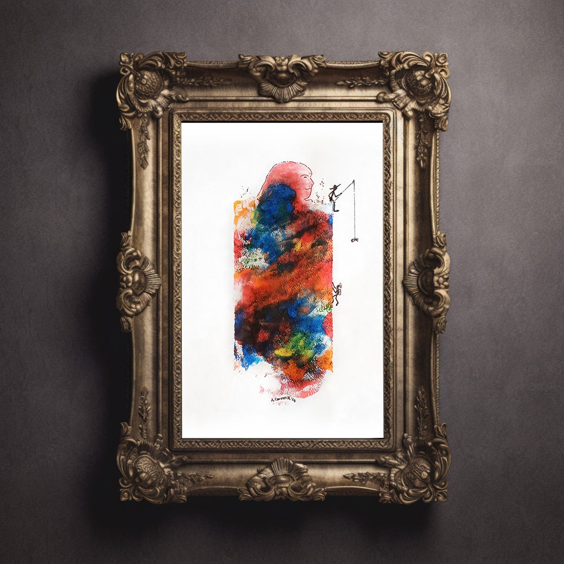 Abstract Face Profile Watercolor Doodle with Tiny Fisherman Wall Art - Image 3