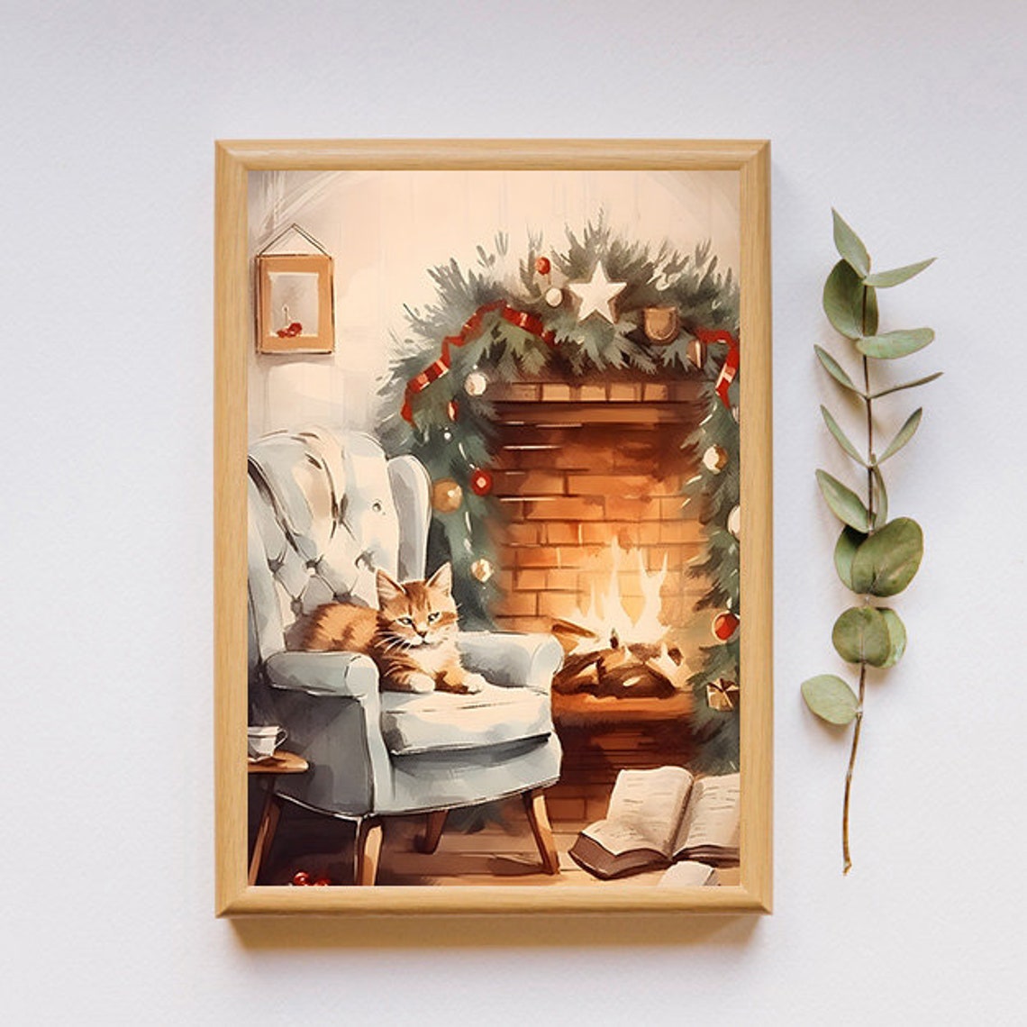 Ginger Cat Lounging By A Warm Fireplace At Christmas Wall Art - Image 2