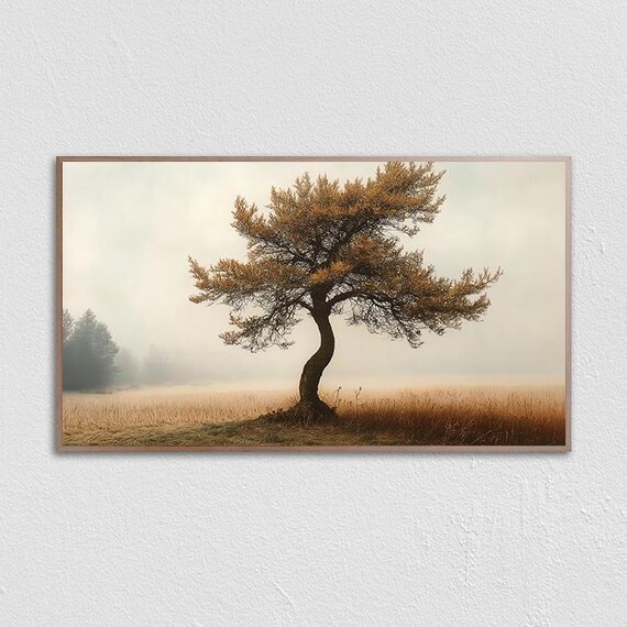 Lone Twisted Tree in Misty Autumn Field Golden Minimalist Landscape Poster