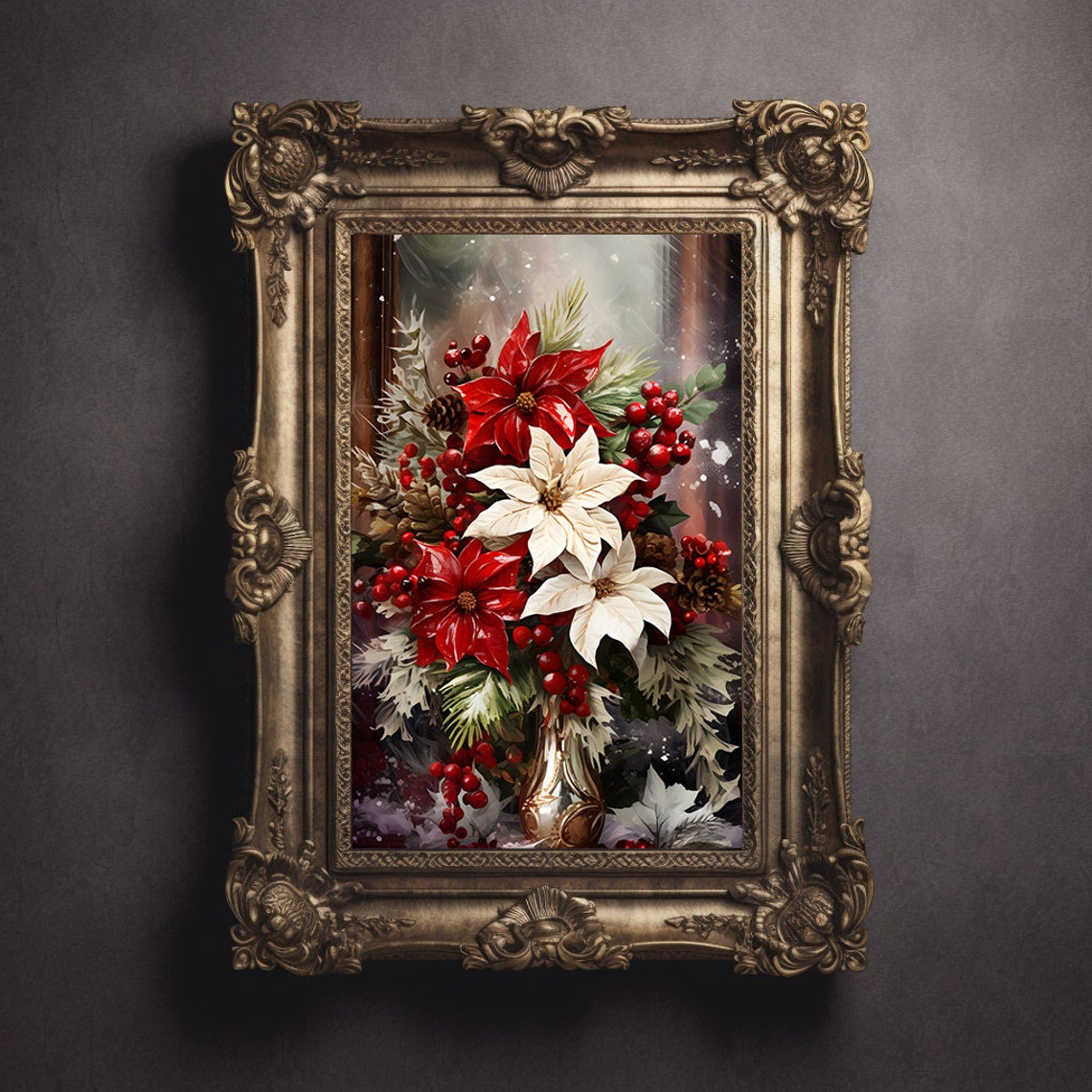 Red And White Poinsettias Vase Winter Holiday Floral Art Poster - Image 2