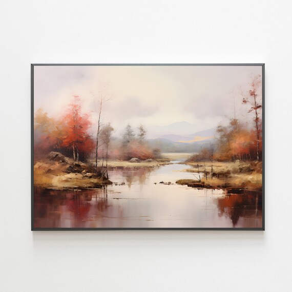 Autumn Lake With Red Trees Warm Fall Landscape Painting Poster