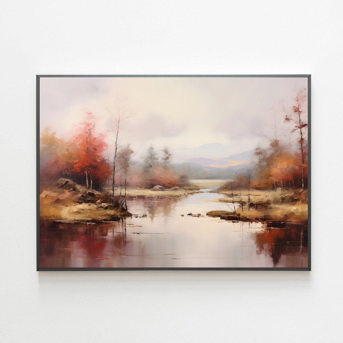 Autumn Lake With Red Trees Warm Fall Landscape Painting Poster