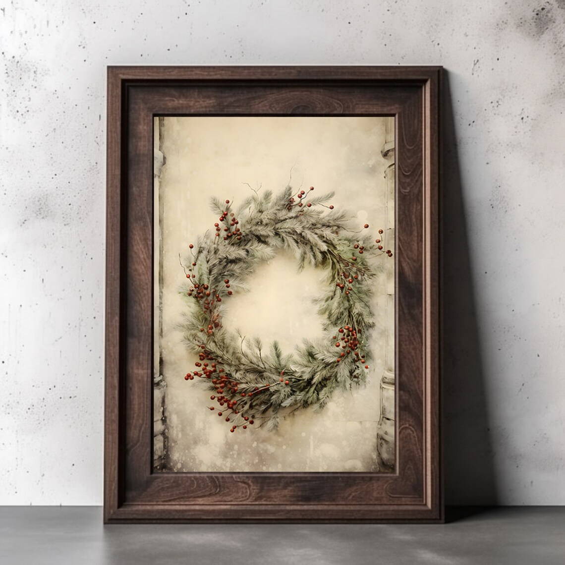 Frosty Pine Wreath With Red Berries Watercolor Christmas Poster - Image 3
