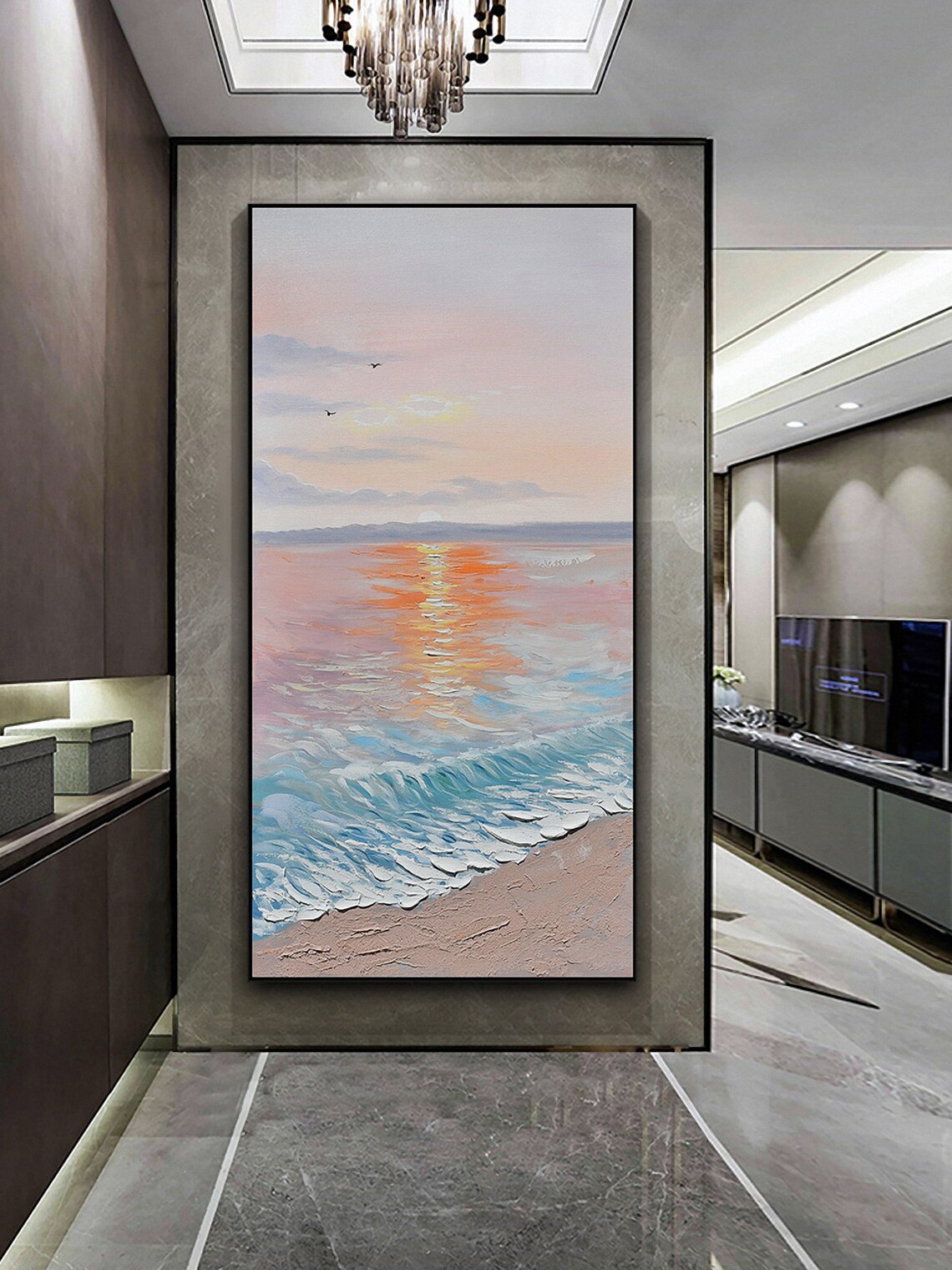 Serene Soft Pastel Beach Sunrise Waves Minimalist Ocean Art Poster - Image 2