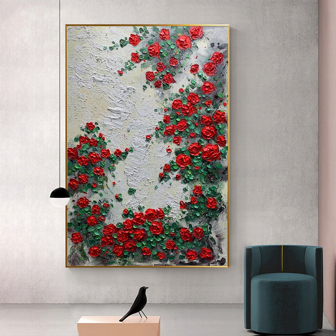 Classic Red Rose Bush Blooming Flowers On White Textured Art Poster - Image 3