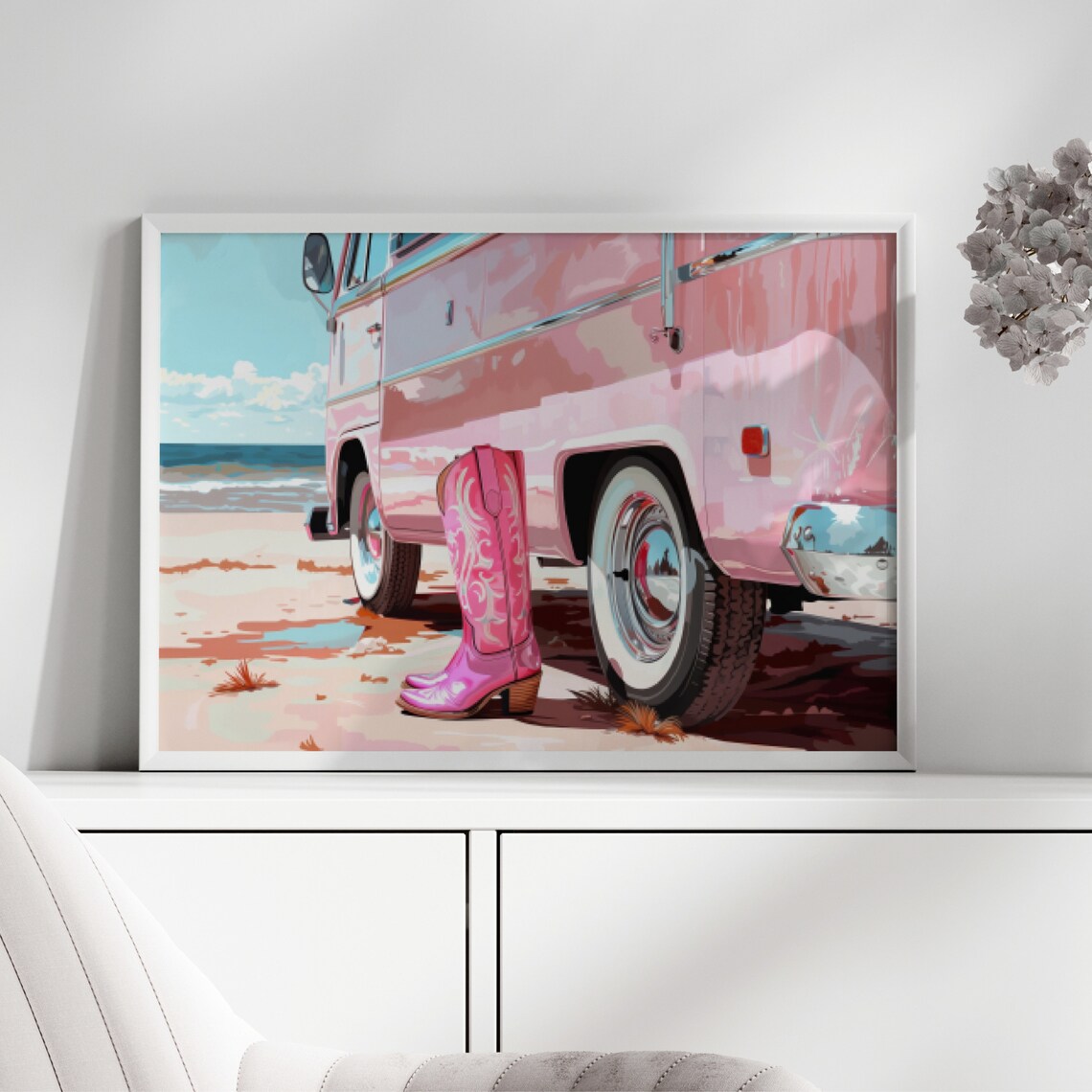 Pink Cowgirl Boots by Camper Van at Beach Coastal Western Summer Poster - Image 2