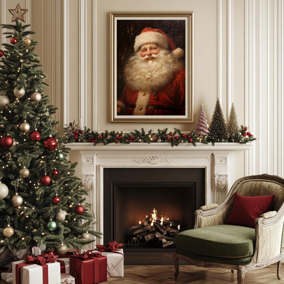Vintage Father Christmas Smiling Portrait Starry Night Poster - Image 3