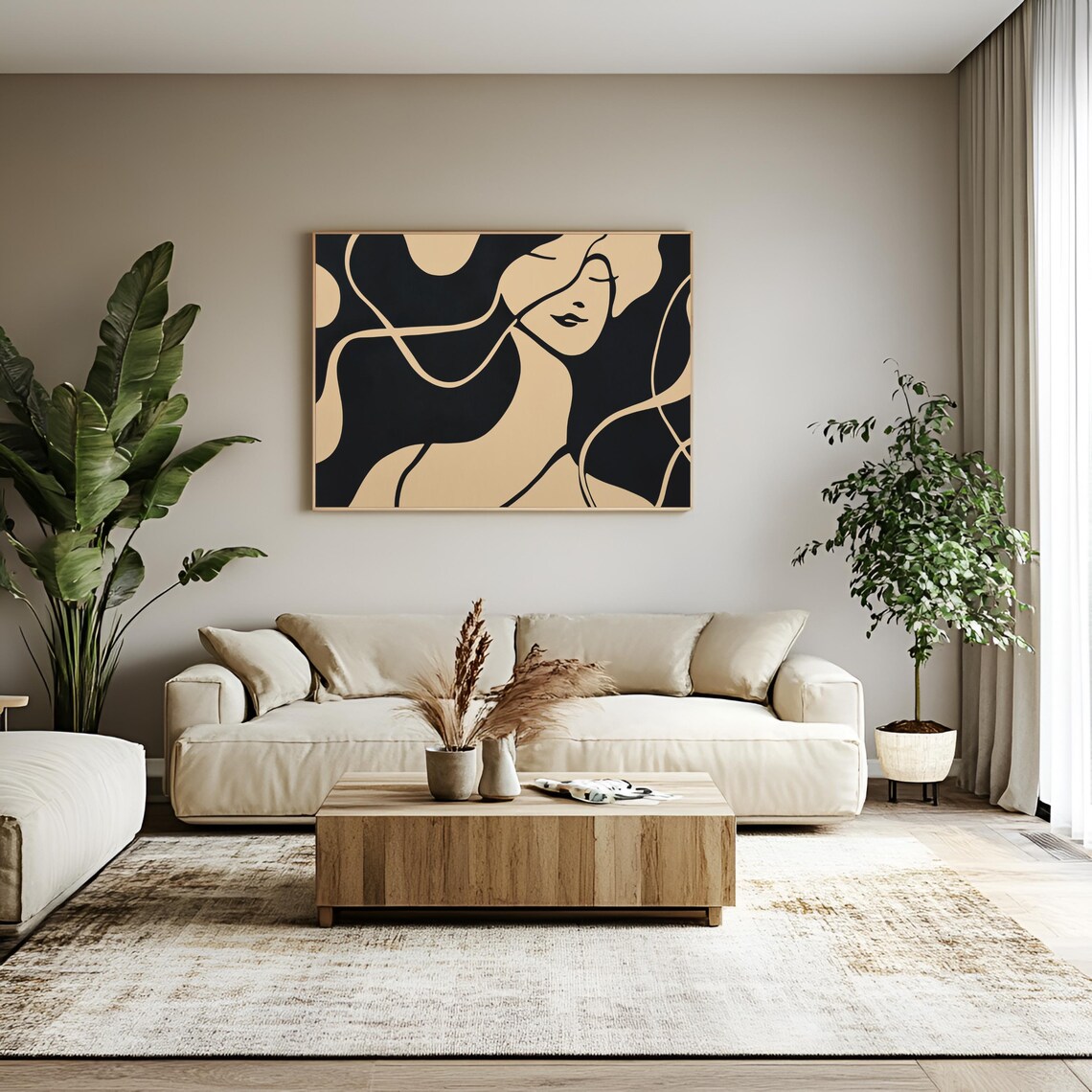 Matisse Style Woman Face Poster Beige And Black Abstract Line Art Modern Decor - Image 2