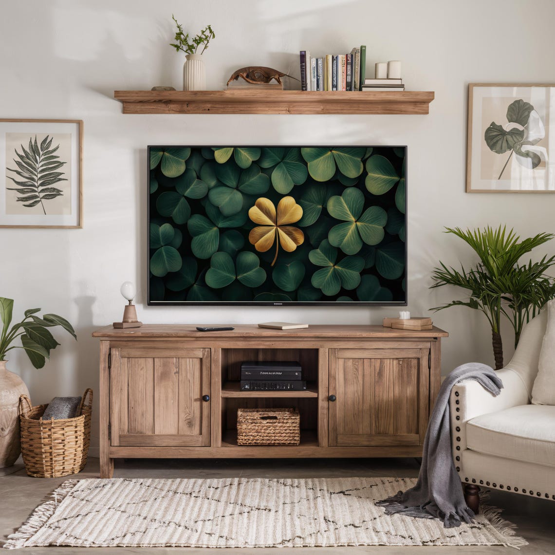 Golden Four Leaf Clover Among Green Clovers TV Frame Art Poster - Image 3