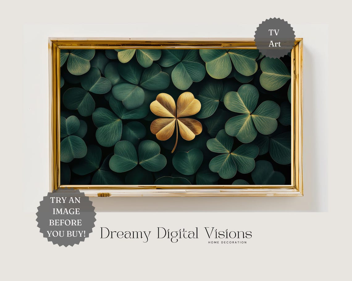 Golden Four Leaf Clover Among Green Clovers TV Frame Art Poster