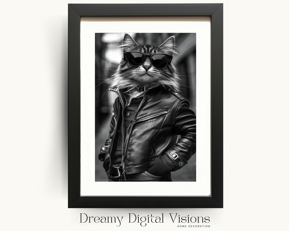 Cool Cat In Sunglasses Poster Funny Leather Jacket Black And White Cat Photo Art