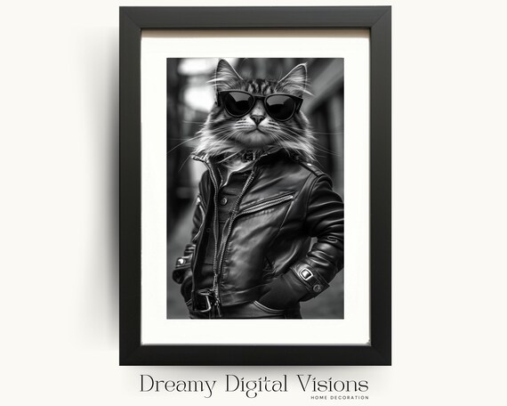 Cool Cat In Sunglasses Poster Funny Leather Jacket Black And White Cat Photo Art