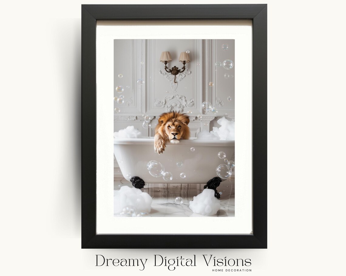 Majestic Lion Taking a Bath Funny Bathroom Art Print