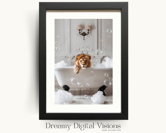 Majestic Lion Taking a Bath Funny Bathroom Art Print