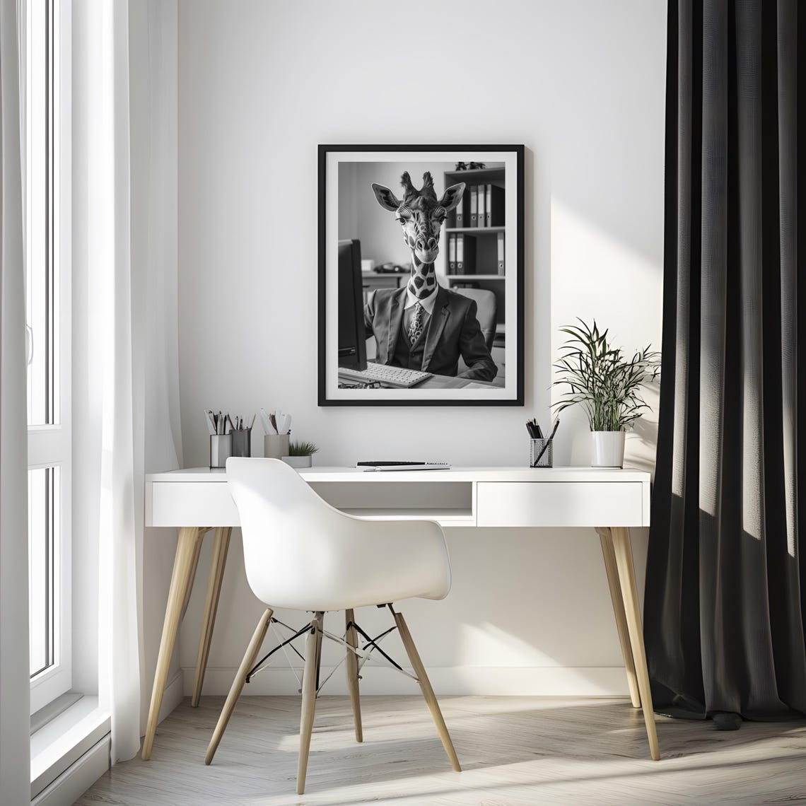 Giraffe in Business Suit at Office Desk Funny Black White Poster - Image 2