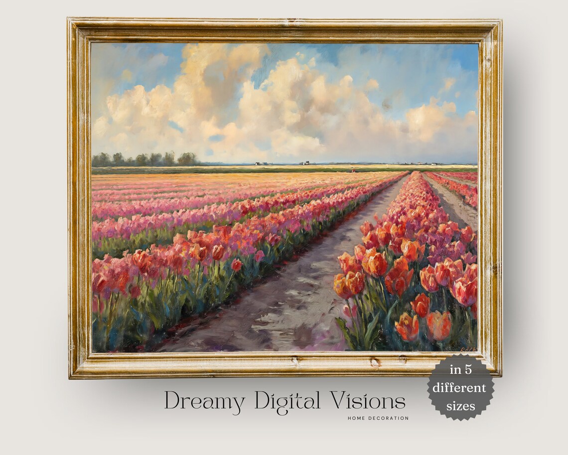 Dutch Tulip Field Blooming Spring Landscape Vintage Flower Print