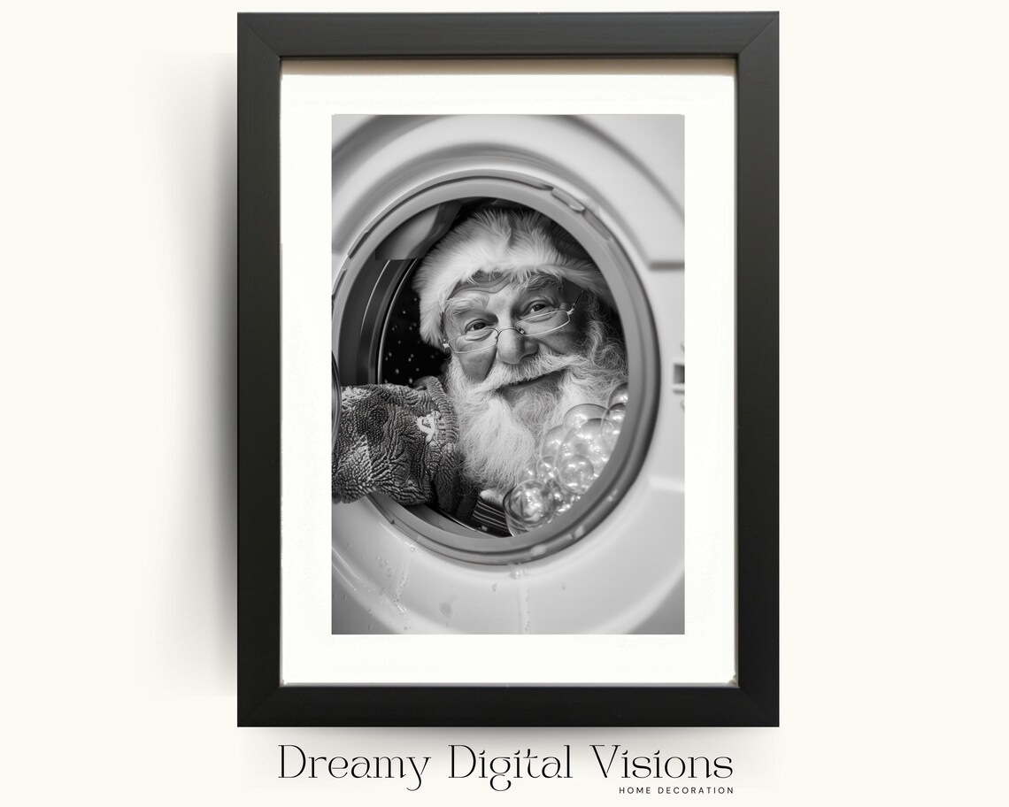 Funny Santa Claus Stuck in a Washing Machine Black and White Poster