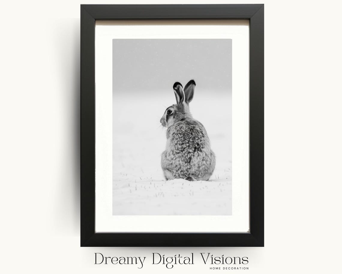 Wild Hare Sitting in Snow Black and White Winter Wildlife Poster
