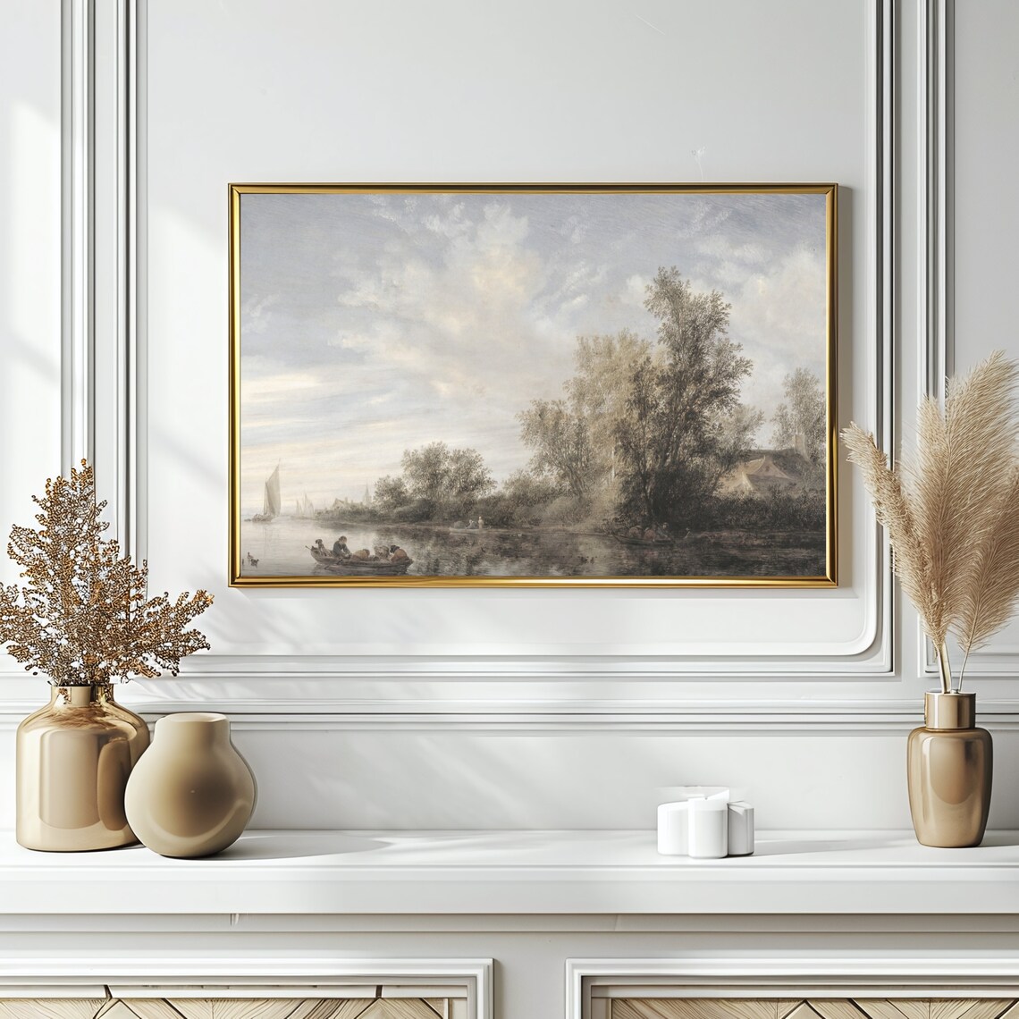 Vintage River Landscape Oil Painting Boats Muted Gray Poster - Image 3