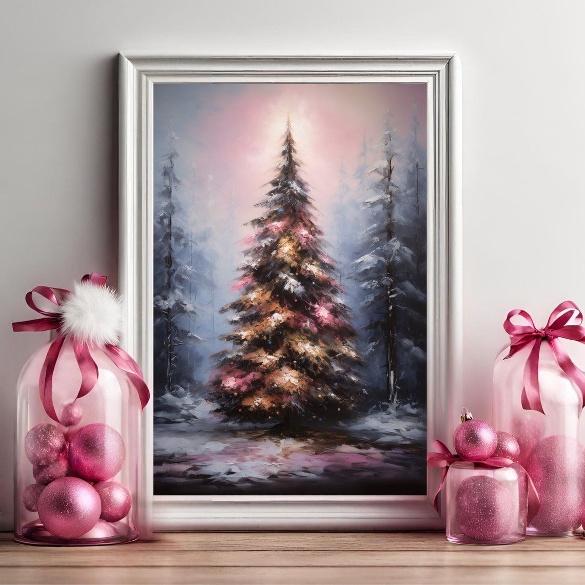 Pastel Pink Christmas Tree Snowy Forest Winter Painting Poster - Image 2