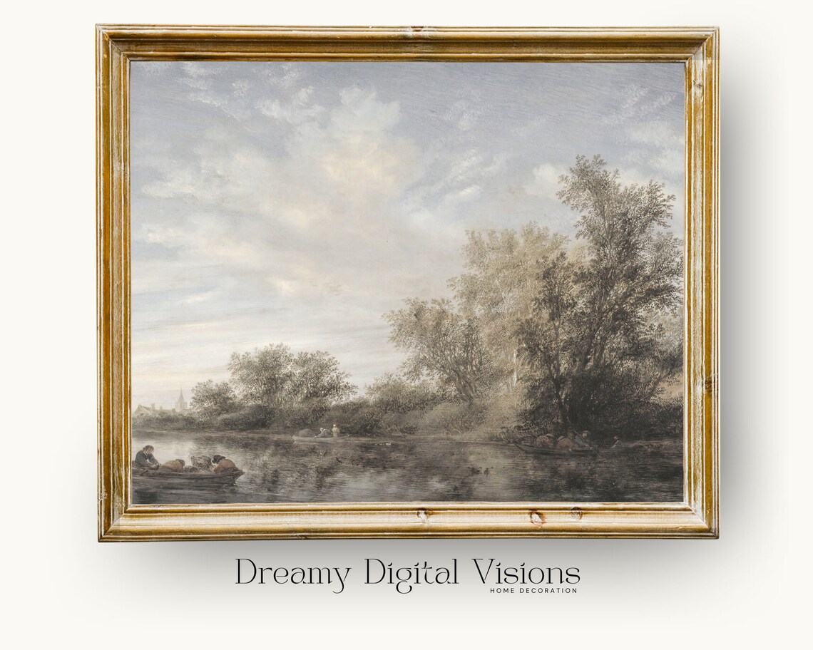 Vintage River Landscape Oil Painting Boats Muted Gray Poster
