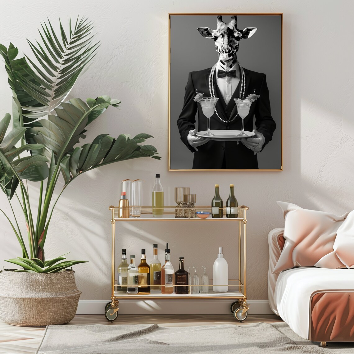 Giraffe Waiter Bar Cart Poster Funny Black And White Animal Photo Wall Decor - Image 2
