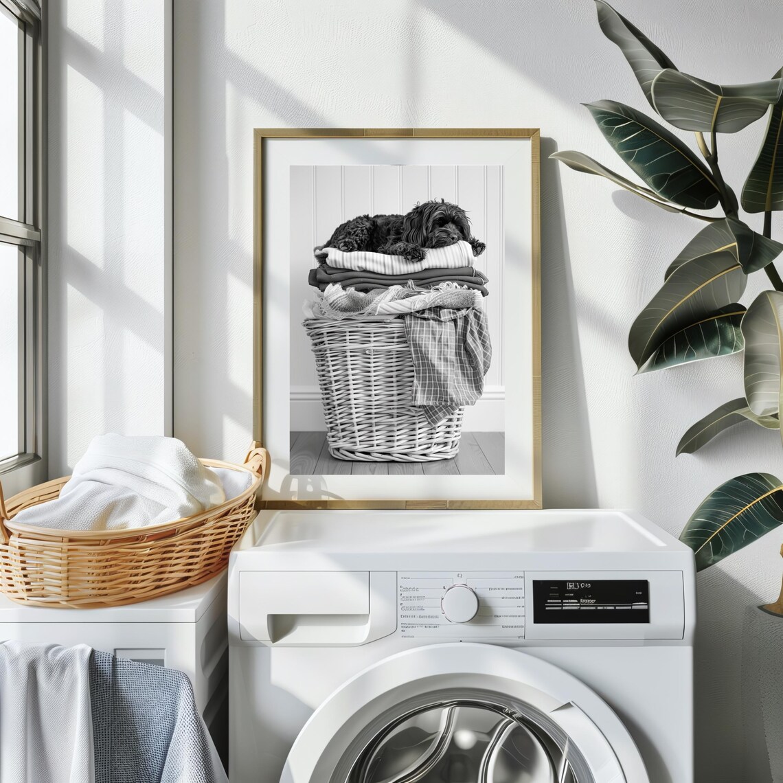 Black Maltipoo Puppy Asleep on Laundry Basket Art Print - Image 3