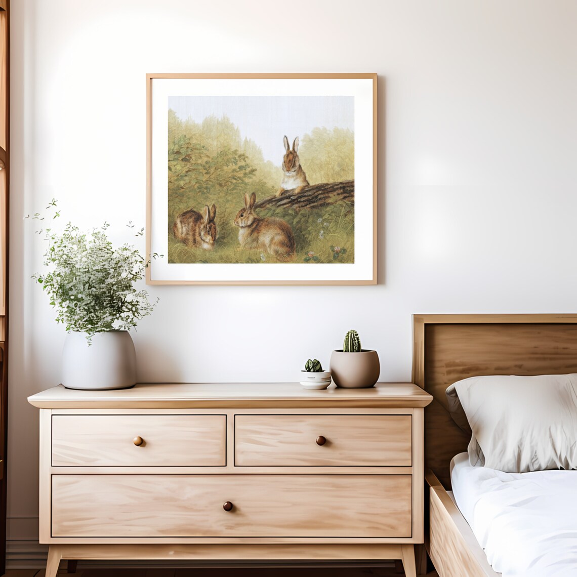 Three Rabbits in Sunlit Woodland Clearing Vintage Wildlife Painting Style Print - Image 3