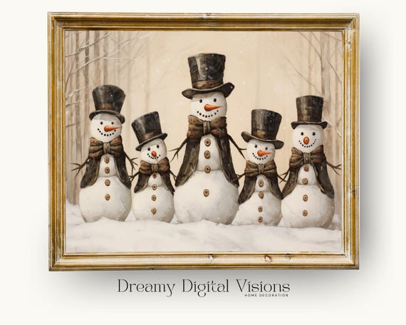 Cute Family Of Snowmen In The Woods Winter Wall Art Christmas Oil Painting For Childrens Playroom Or Nursery Christmas Home Decor Print