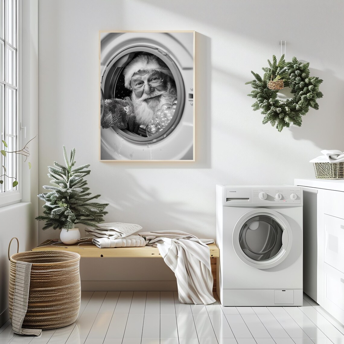 Funny Santa Claus Stuck in a Washing Machine Black and White Poster - Image 3