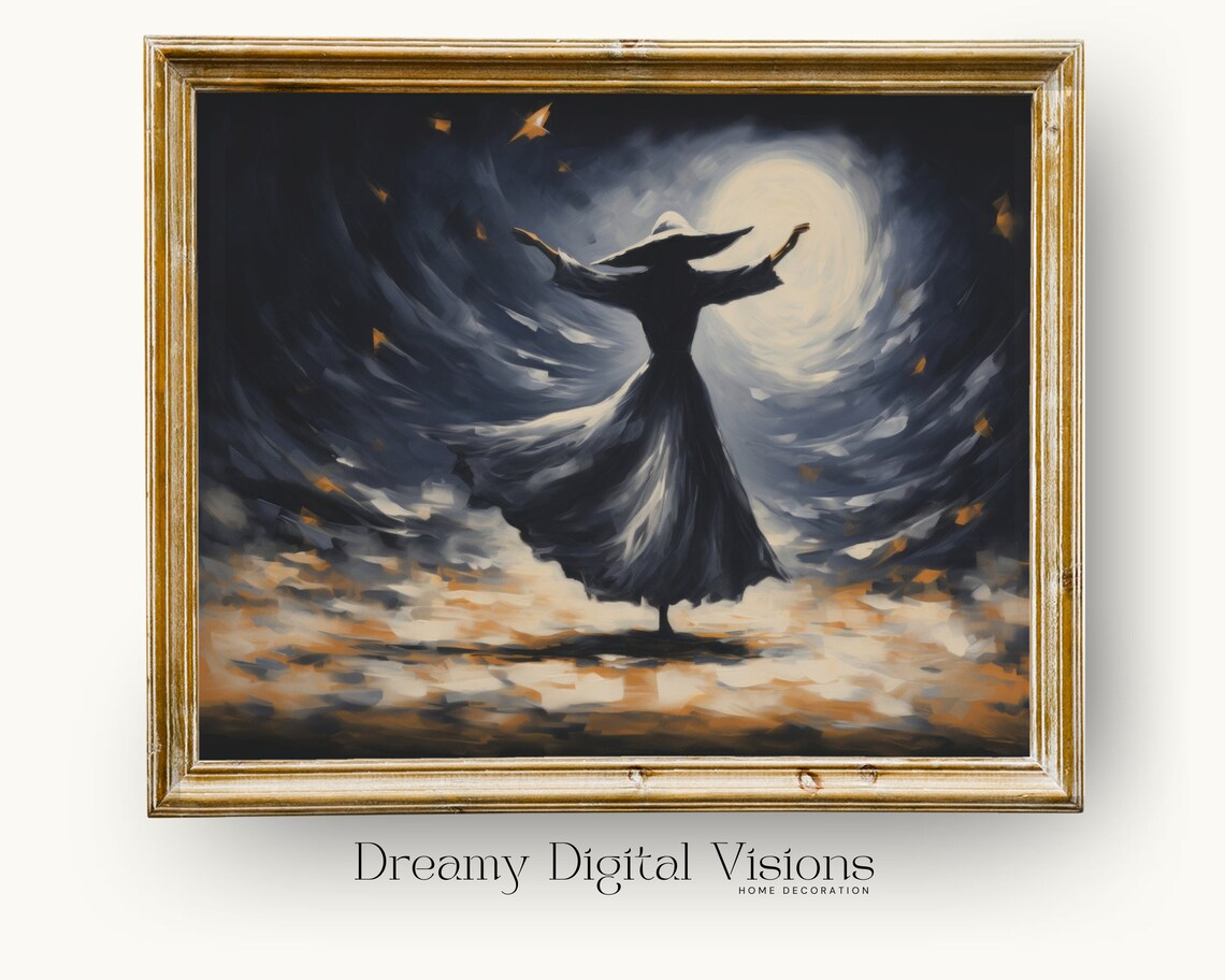 Witch Under The Moon, Rustic Fall Halloween Art