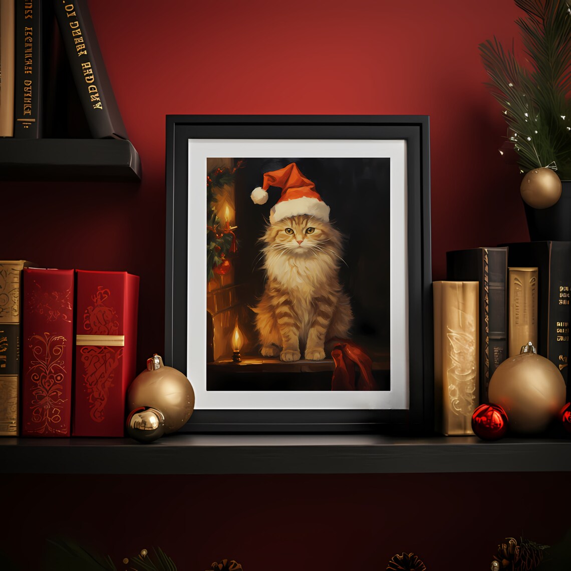 Christmas Cat Santa Hat Vintage Oil Painting Candlelight Poster - Image 3