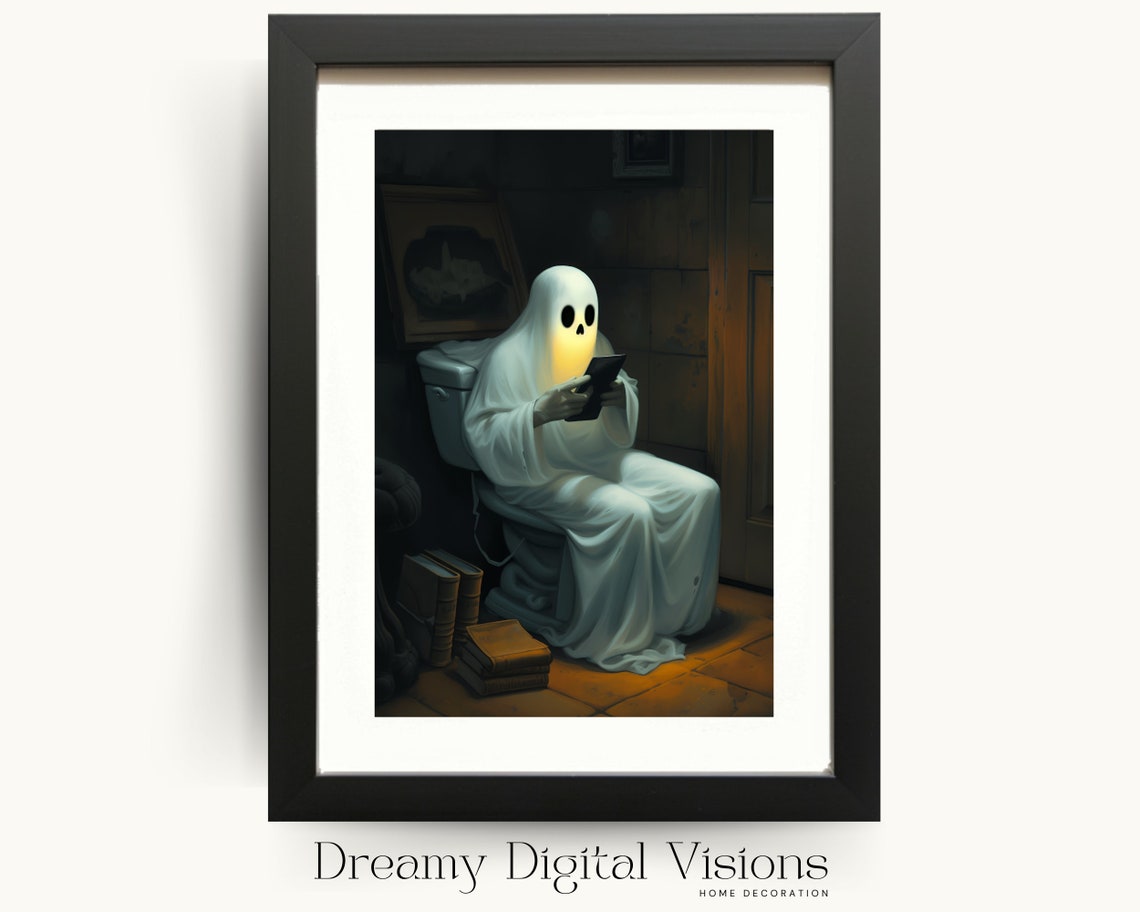 Funny Ghost On Toilet Reading Phone Dark Academia Bathroom Poster
