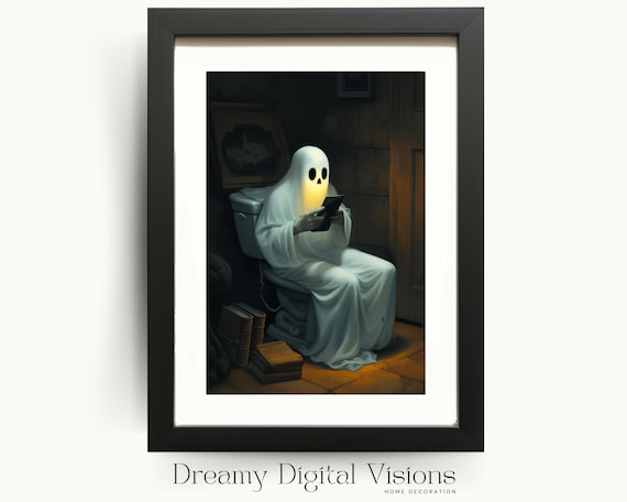 Funny Ghost On Toilet Reading Phone Dark Academia Bathroom Poster