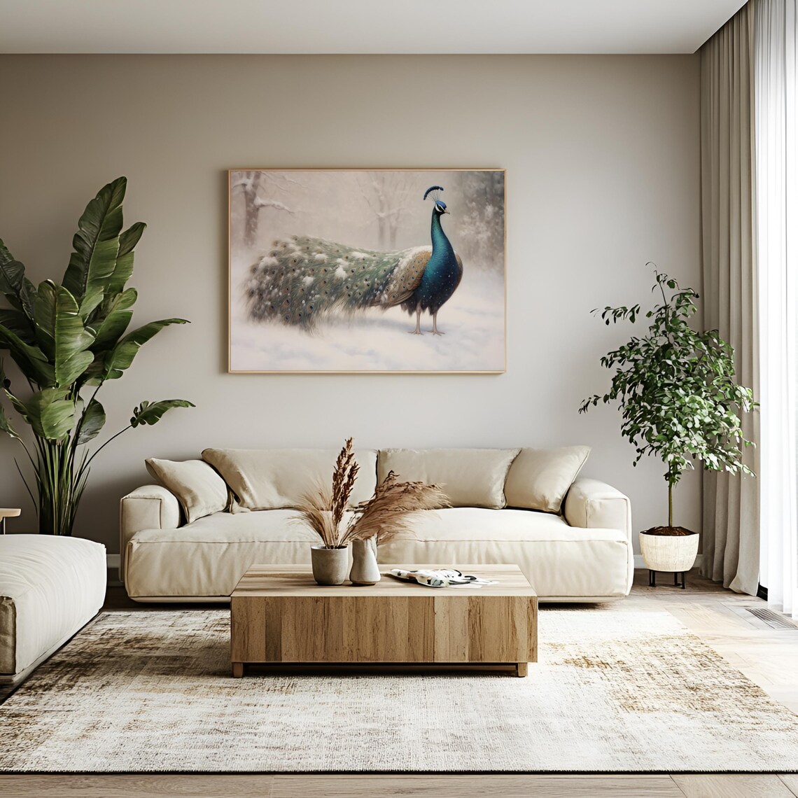 Peacock Standing in Snow Elegant Winter Wildlife Painting Poster - Image 2