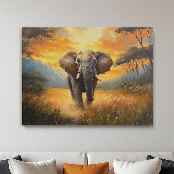 African Elephant Canvas Oil Painting Safari Portrait Fine Art Giclee Large Jungle Landscape Home Living Hanging Decor
