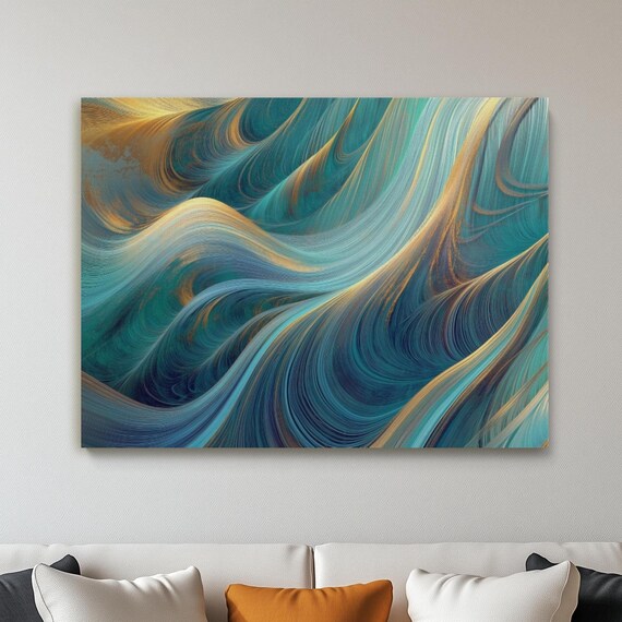 Nonobjective Deep Blue Cosmic Waves Canvas Print Shades Of And Gold Stringing Abstract Pattern Modernist Framed Fine Artwork Giclee