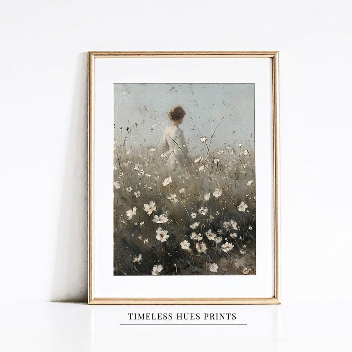 Vintage Woman in Floral Meadow, Oil Painting Art Print