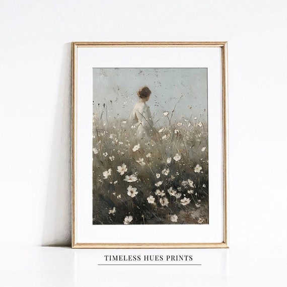 Vintage Woman in Floral Meadow, Oil Painting Art Print