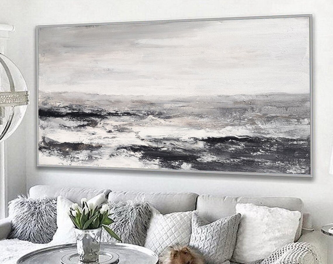 Black White Panoramic Abstract Seascape Textured Waves Monochrome Art Poster