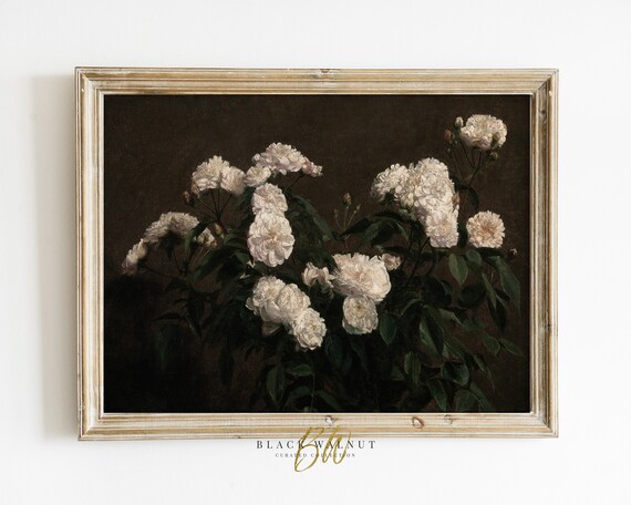Vintage Floral Print Flower Still Life Antique Oil Painting Moody Horizontal Wall Art Dark Academia European Decor