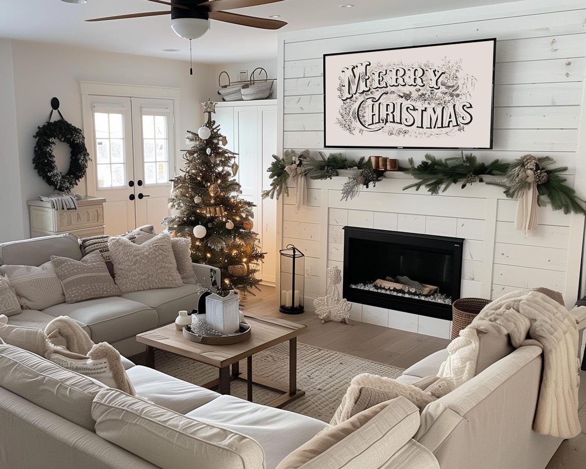 Vintage Merry Christmas Lettering Botanical Holiday Greeting Wall Art - Image 2