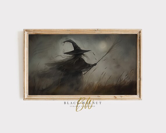 Witch Silhouette Misty Field Full Moon Dark Moody Halloween Art Poster