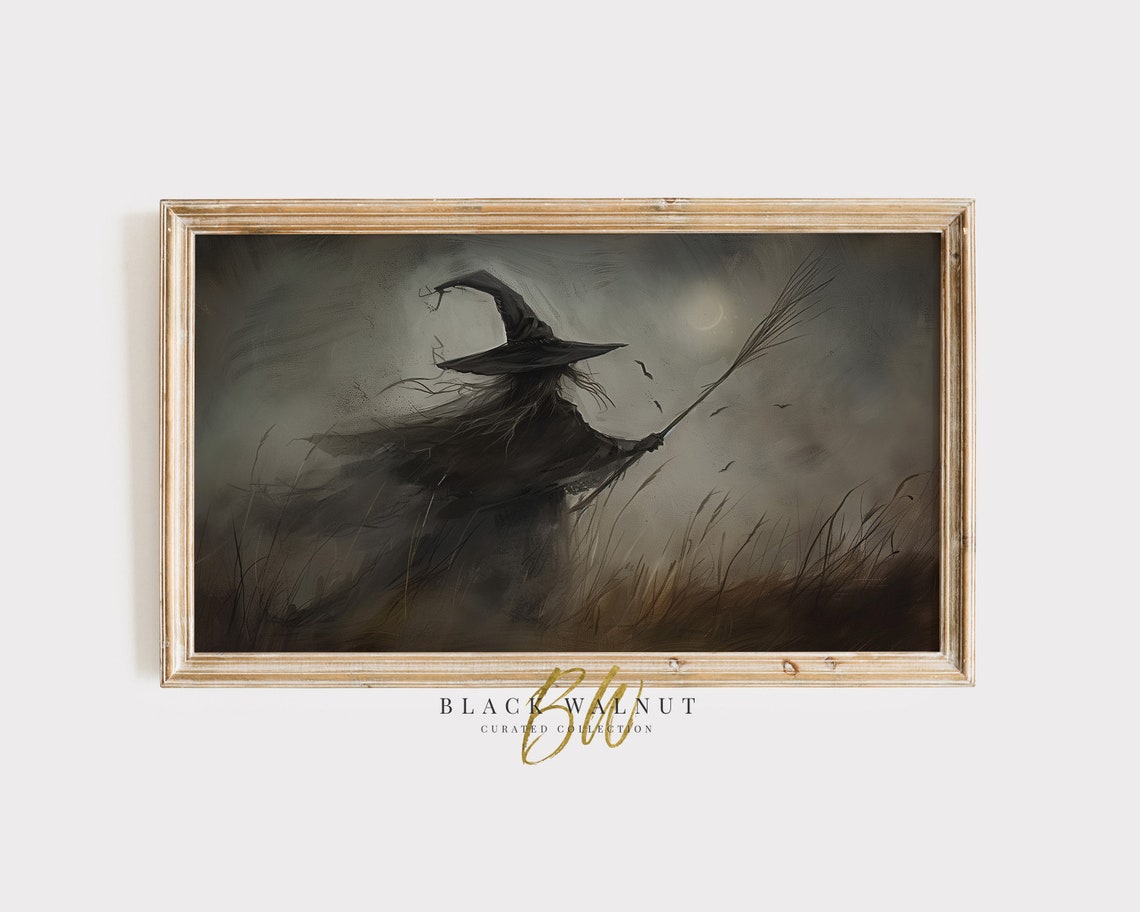 Witch Silhouette Misty Field Full Moon Dark Moody Halloween Art Poster