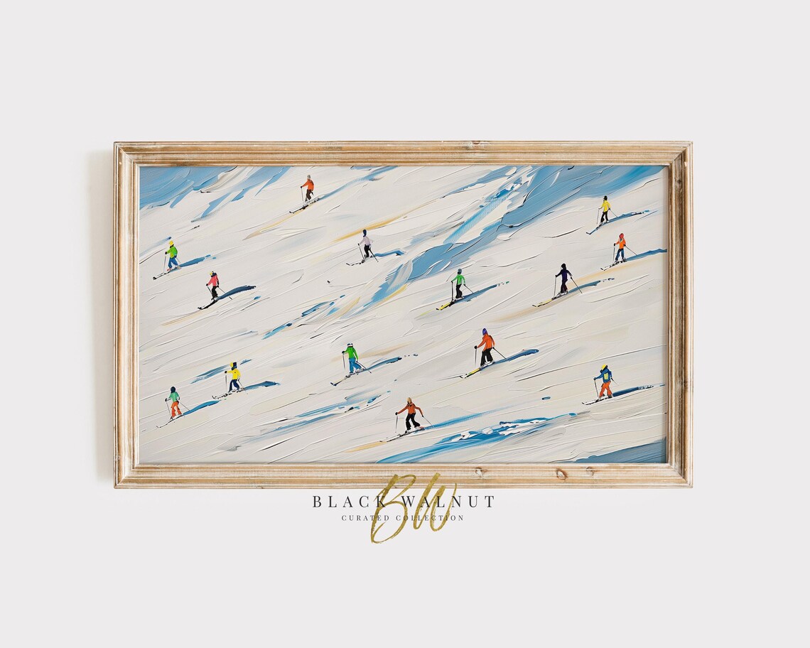 Colorful Skiers On Snowy Slope Painting Retro Apres Ski Winter Poster