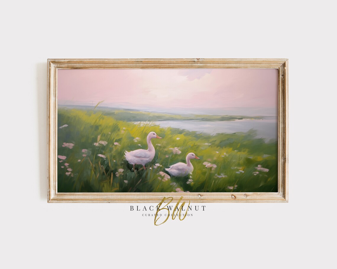 Spring Field With Ducks, Easter Painting