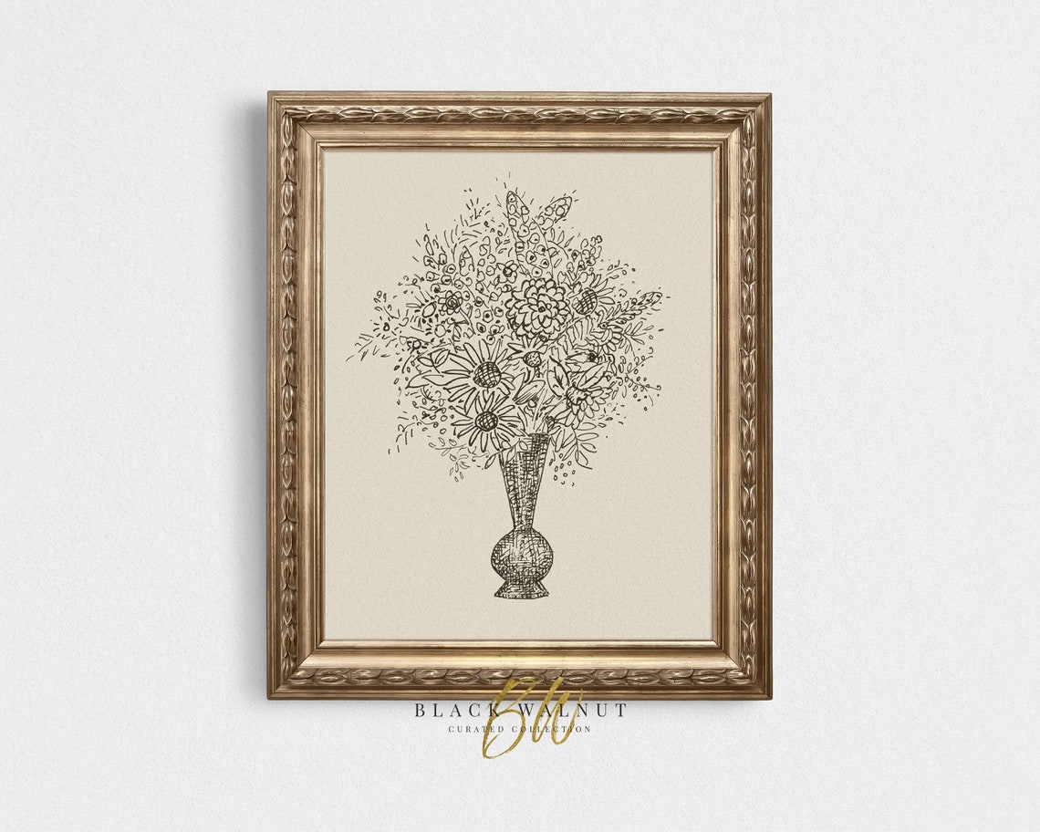 Bouquet Line Drawing Ink Vase Flowers Antique Minimal Sketch Wall Art