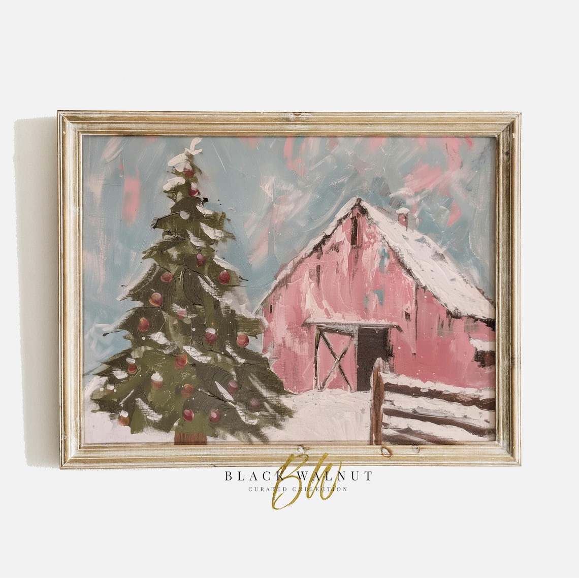 Pink Winter Barn Christmas Tree Art Print